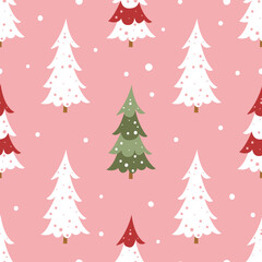 Obraz premium Seamless Christmas Pattern with Decorative Trees and Snowflakes Winter Textile Design