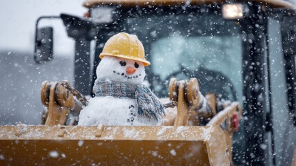 Snowman wearing a construction hard hat in a snowstorm on a tractor loader
