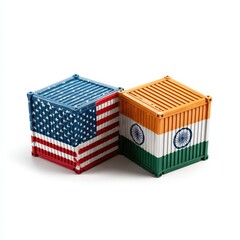 Shipping containers with United States and India flags isolated on white background