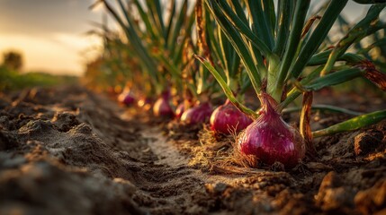 Fresh red onions growing in a field at sunset
