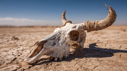Cattle skull lying on cracked parched earth in drought
