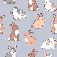 Obraz premium Cute tiny rabbits on isolated background. Seamless vector pattern. Hand drawn Easter bunny pattern. 