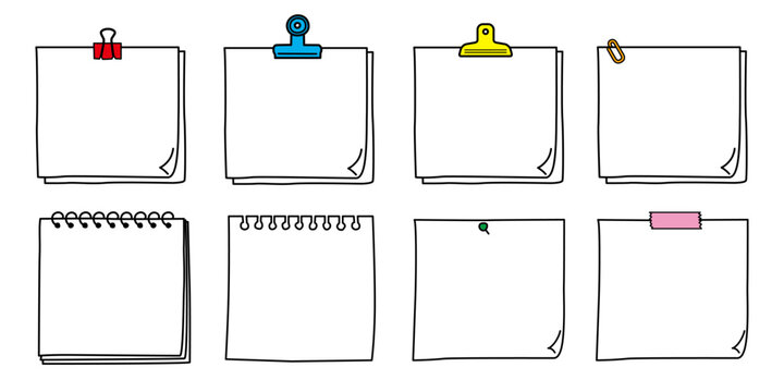 Sticky notes doodles, notebook outline icons. Hand drawn paper scraps and push pins for office reminder, school planner, task list. Simple sketch vector set of torn memo label vector isolated mockups
