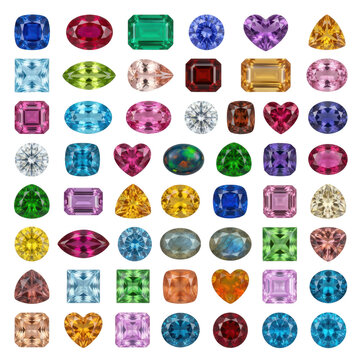 Collection of colorful faceted gemstones and precious stones arranged in a grid