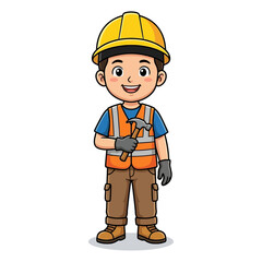 Fototapeta premium Cheerful Cartoon Construction Worker in Yellow Hard Hat and Orange Safety Vest Smiling on Plain White Background - Friendly Educational Illustration