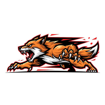 Dynamic aggressive fox mascot running with speed and fierce determination.