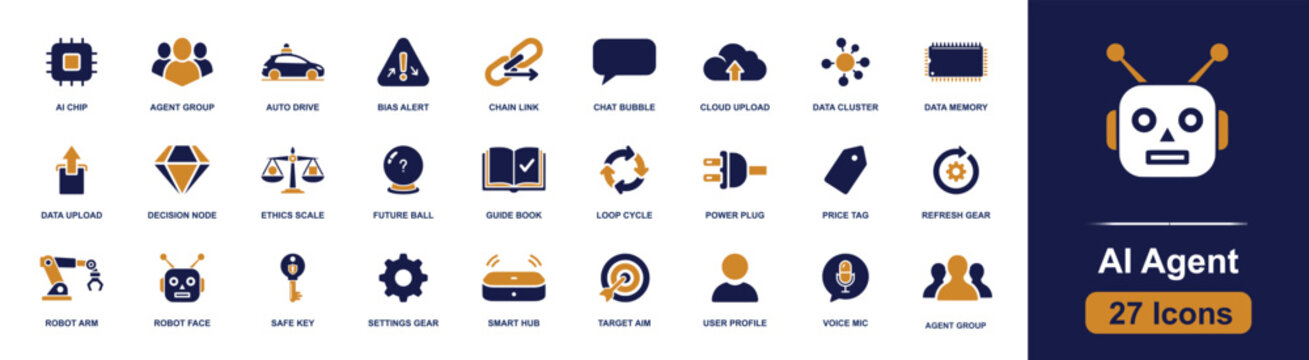 AI agent icon set. Containing ai chip, agent group, auto drive, bias alert, chat bubble, cloud upload, data cluster, robot arm, target aim and more. Solid fill vector icons collection.