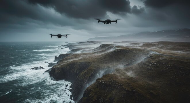 Drones flying over stormy coastline.