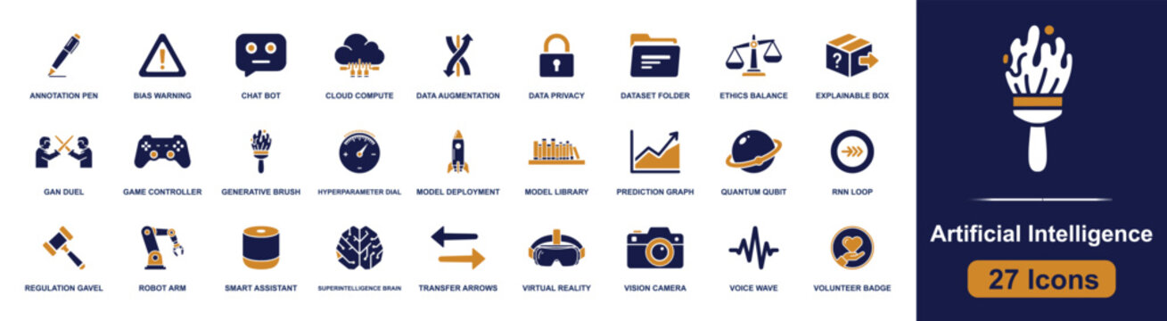 Artificial intelligence icon set. Containing AI brain, chatbot, robot face, smart speaker, tensor processor, AI cloud, AI drone, security lock, target hit and more. Solid fill vector icons.