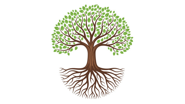 Large green tree with detailed branches and extensive root system signifies life growth and environmental stability on a white background.