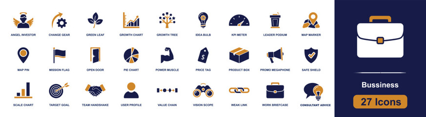Business services icon set. Containing briefcase, manager, checklist, handshake, conference table, delivery truck, office, shopping cart, secure document and more. Solid fill vector icons. © Sadam