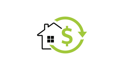 Obraz premium House icon combined with a green dollar sign and a circular arrow represents real estate investment and home financing returns.