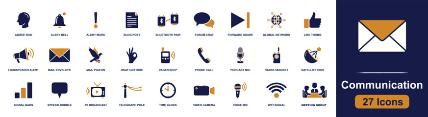 Communication icon set. Containing bell, blog, chat, mail, phone, podcast, satellite, signal, video, wifi and more. Solid fill vector icons collection for digital messaging design. © Sadam
