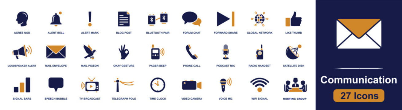 Communication icon set. Containing bell, blog, chat, mail, phone, podcast, satellite, signal, video, wifi and more. Solid fill vector icons collection for digital messaging design.