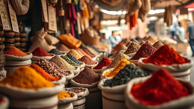 pasilla. Spice stall in a market with sacks of colorful spices. menu design, packaging mockups, designed for culinary blogs and recipe cards for restaurants, inspires cooking.
