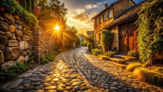 A photo of a winding cobblestone path leading to a quaint residential area at sunset, golden hour light casting long shadows and highlighting the rust