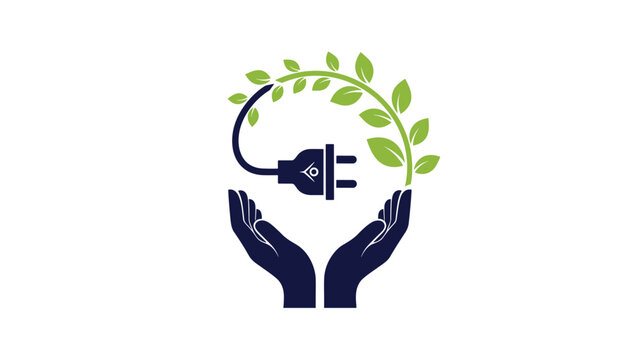 Green energy protection concept features hands holding an electric plug surrounded by a circular vine of leaves for clean power.