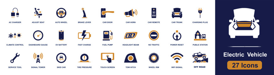 Electric vehicle icon set. Containing charger, battery, dashboard, station, climate, signal, tire, screen, service and more. Solid fill vector icons collection for EV transport design. © Sadam
