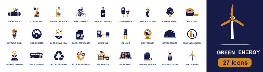 Green energy icon set. Containing solar panel, wind turbine, biofuel, battery storage, car charger, recycle, transit, heat pump, carbon offset and more. Solid fill vector icons collection. © Sadam