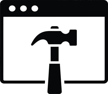Black hammer icon on browser window, web development tool, coding symbol
