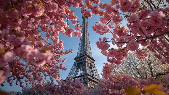 Eiffel Tower framed by pink cherry blossoms in Paris spring
