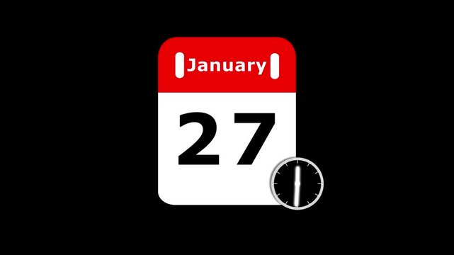 January 27 calendar icon with moving clock hands on black background. Animated digital calendar time with clock icon. deadline calendar and timer concept.
