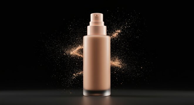 Luxury liquid foundation bottle with pump dispenser and flying powder particles creating elegant makeup product visualization