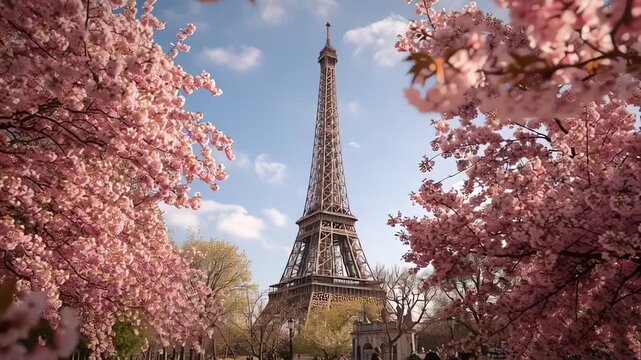 Eiffel Tower Framed by Pink Cherry Blossoms in Paris Spring