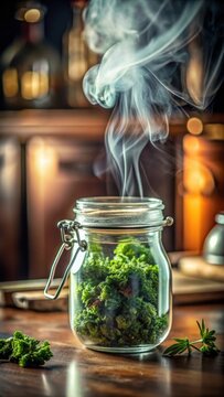 A photo of a glass jar filled with green marijuana cooking fat, bubbling and steaming in the kitchen