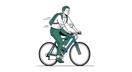 Obraz premium Young adult riding bicycle wearing backpack commuting to work or school in urban setting