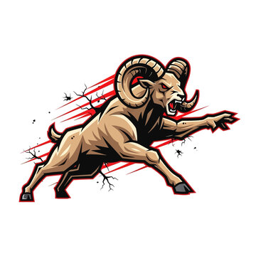 Dynamic Ram Mascot Illustration with Aggressive Pose and Cracking Wall Effect.