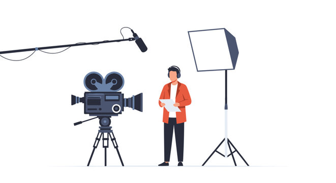Film crew capturing footage with professional camera equipment in studio setting for video production
