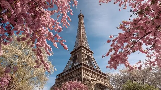 Iconic Eiffel Tower through blooming cherry blossom trees in Paris