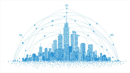 Fototapeta premium Network and communication in a digital city, illustrating the future of smart cities connected through the Internet of Things (IoT) and powered by 5G technology