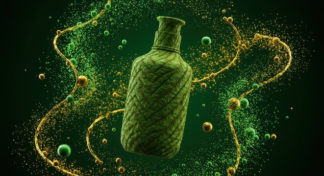 Textured green cosmetic bottle surrounded by swirling golden particles representing premium skincare formulation