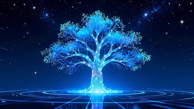 Glowing blue tree in digital space