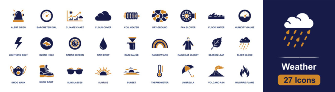 Weather icon set. Containing alert siren, barometer, cloud cover, rain gauge, sleet cloud, thermometer, umbrella, sunrise, wildfire and more. Solid fill vector weather icons collection.