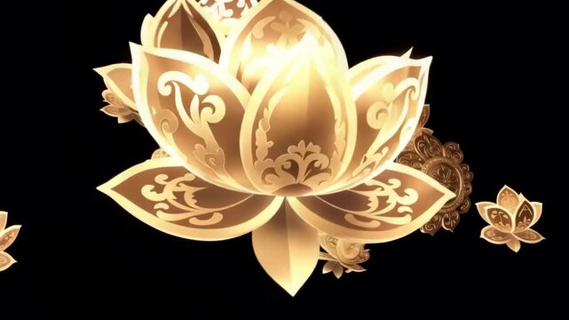 Elegant glowing thai lotus patterns dark space looping animation hypnotic motion calm environment serene viewpoint