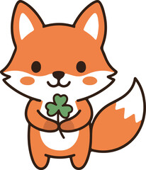 Fototapeta premium Cute fox holding four leaf clover illustration, lucky animal character, kawaii style