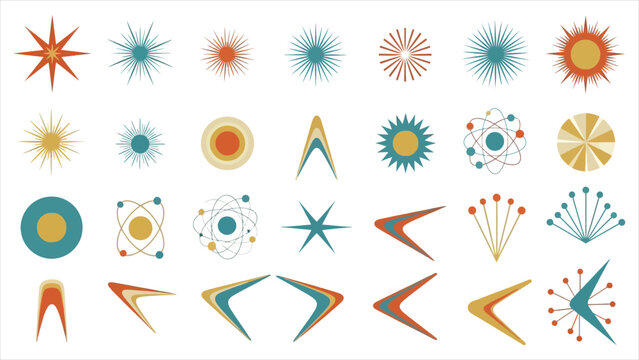Retro-Futuristic Icon Set &ndash; Mid-century modern style with colorful stars, atomic symbols, and sparkling elements.