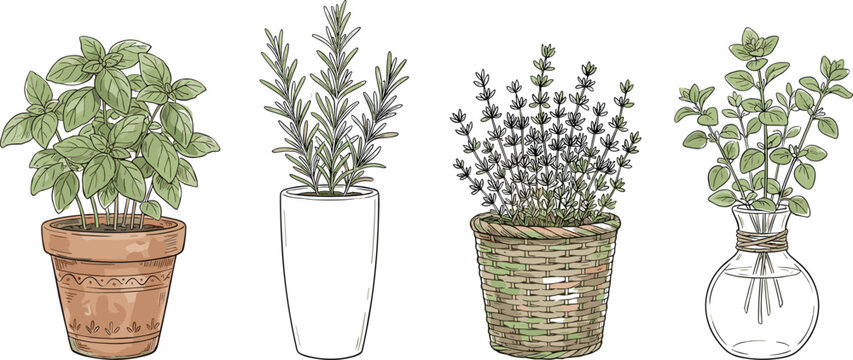 Potted Culinary Herb Plants Illustration Set with Basil, Rosemary, Thyme, and Oregano in Decorative Pots for Kitchen Garden, Organic Cooking, and Botanical Designs