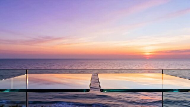 Glass tables overlooking ocean sunset