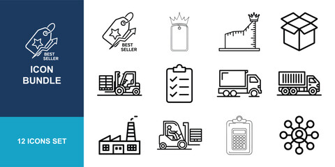 Fototapeta premium This set of twelve monochrome vector symbols illustrates themes of commerce, shipping, manufacturing, and inventory management for business applications.