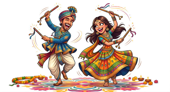 Navratri Garba Dance Couple Caricature Vector Illustration Isolated