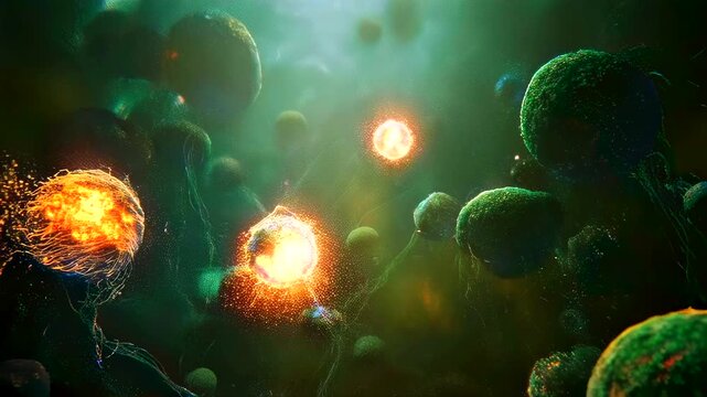 Cellular ecosystems adapting, green microscopic cells drifting through fluid, mossy spherical colonies floating in dim emerald light, occasional orange bioluminescent bursts and fusion events, soft