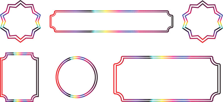 Colorful gradient border and photo frames, Rainbow ornate frames with victorian and geometric style corners, elegant blank labels and luxury decorative set for invitations and certificates.