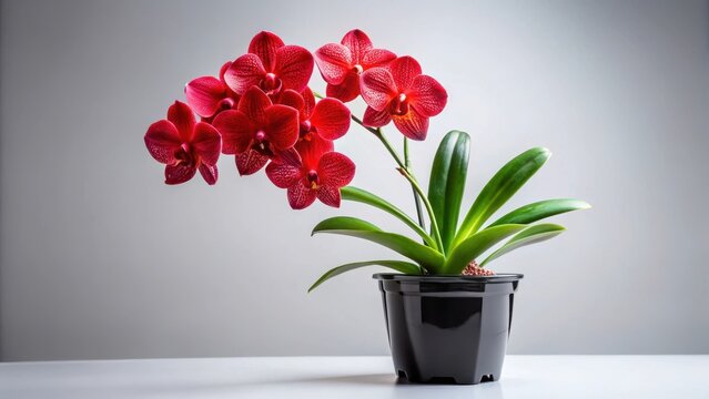 A photo of a vibrant red orchid Vanda hanging in a sleek black plastic pot on a white background with a clipping path for precise editing The flower