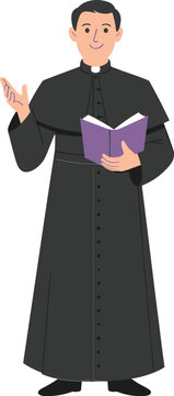 Flat vector illustration of a catholic priest in traditional black soutane preaching and holding a purple holy bible,