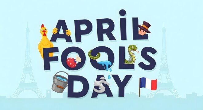 April fools day text design with funny pranks and eiffel tower background