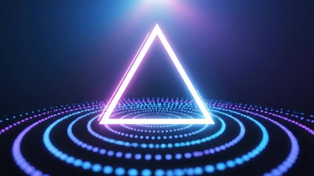 Neon triangle with glowing blue and purple lights.